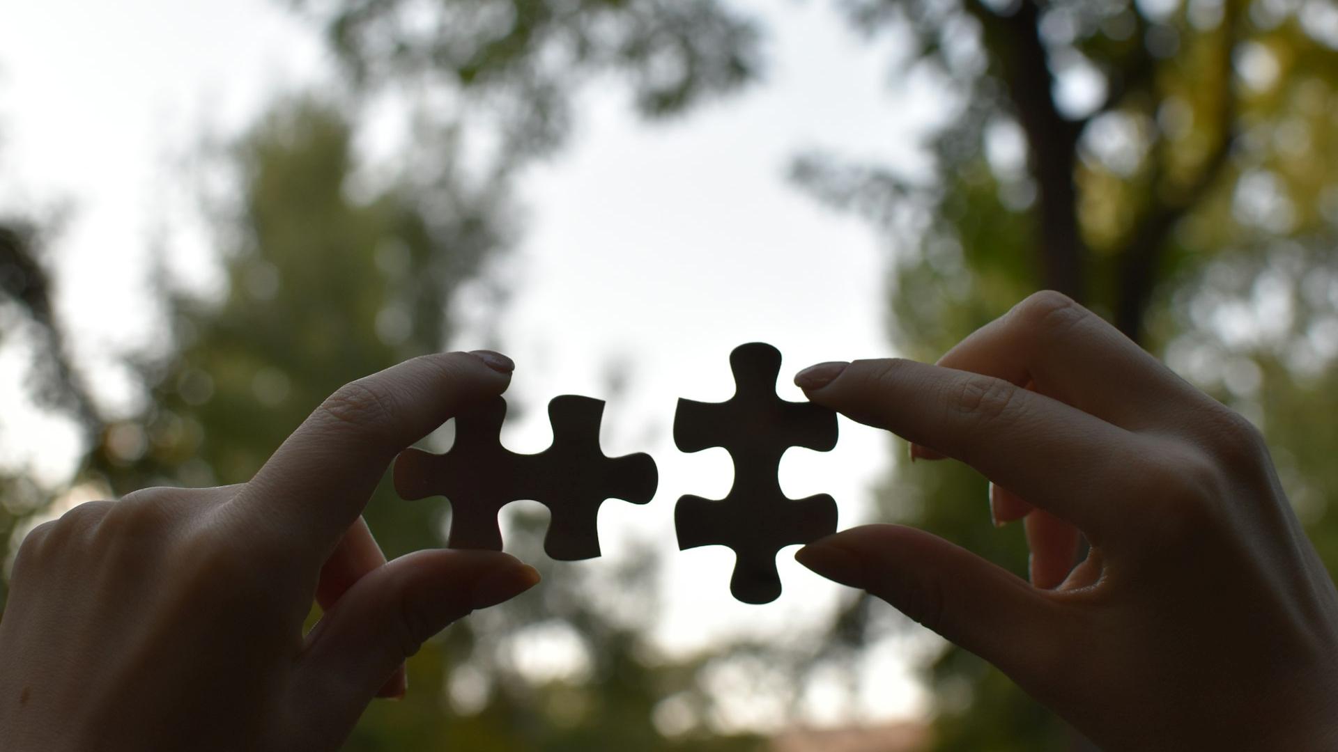 a person holding two pieces of a puzzle